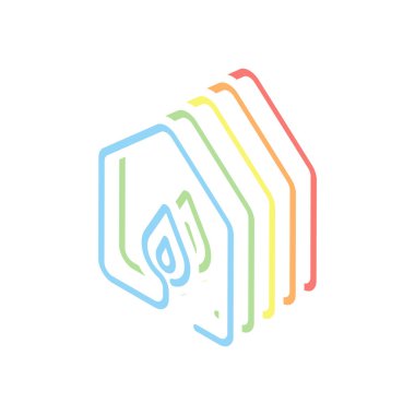 ateş ile ev simgesini alevler. çizgi stili. Beyaz arka plan üzerinde renkli izometrik simgeler yığını