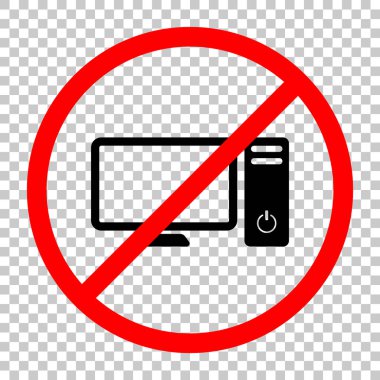 Kişisel bilgisayar, pc. Sistem birimi ve monitör. Siyah kırmızı uyarı işareti şeffaf arka plan ile nesnesinde izin yok