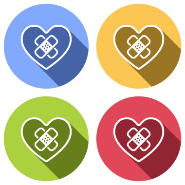 yama Kırık kalple. basit tek simge. Mavi, turuncu, yeşil ve kırmızı renkli daireler uzun gölge ile beyaz simgeler kümesi. Etiket tarzı