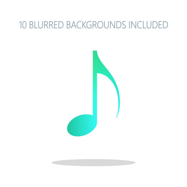 Music note icon. Colorful logo concept with simple shadow on white. 10 different blurred backgrounds included