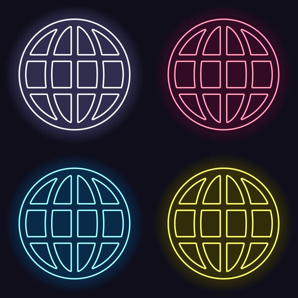 Simple globe icon. Linear. Set of neon sign. Casino style on dark background. Seamless pattern