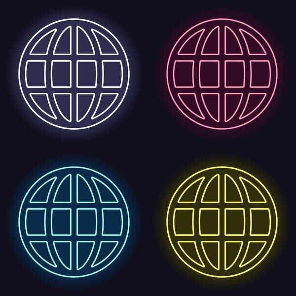 Простой значок глобуса. Линейно. Набор неоновых знаков. Казино стиль на темном фоне. Бесшовный рисунок
