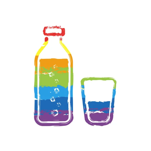 一瓶有泡泡和杯子的水 简单的图标 Lgbt 风格的绘图符号 七种颜色的彩虹 — 图库矢量图片