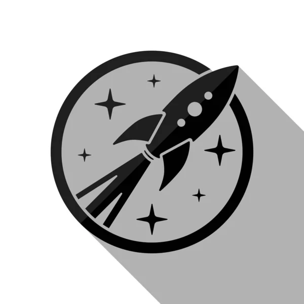 Ракета Запуск Звездами Круге Значок Черный Объект Длинной Тенью Белом — стоковый вектор