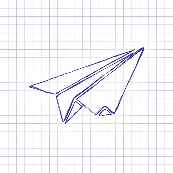 纸平面 折纸滑翔机 纸上手绘的图片 蓝色墨水 轮廓草图样式 在格子背景上涂鸦 — 图库矢量图片