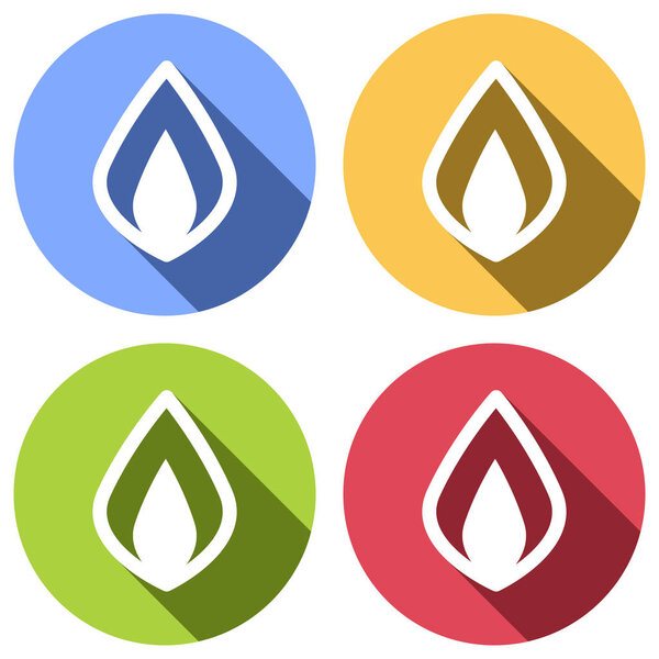 Simple fire flame icon. Set of white icons with long shadow on blue, orange, green and red colored circles. Sticker style