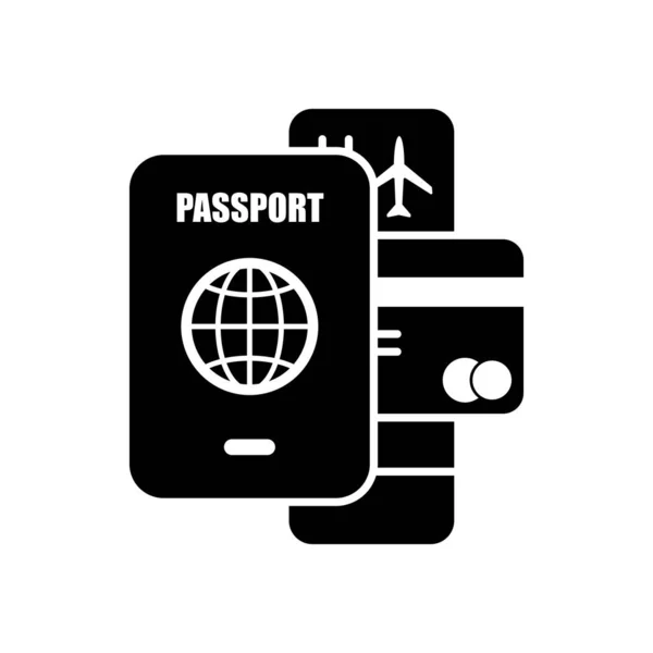 Passaporte Bilhete Cartão Crédito Conceito Viagens Aéreas Ícone Preto Fundo — Vetor de Stock
