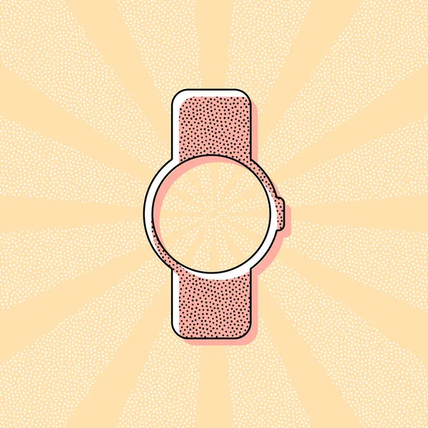 Hand smart watch with round display. Technology icon. Vintage retro typography with offset printing effect. Dots poster with comics pop art background