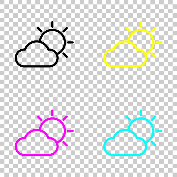 Güneş ve bulut. Hava sembolü. İnce anahat ile doğrusal simgesi. Cmyk simgeleri şeffaf arka plan üzerinde renkli dizi