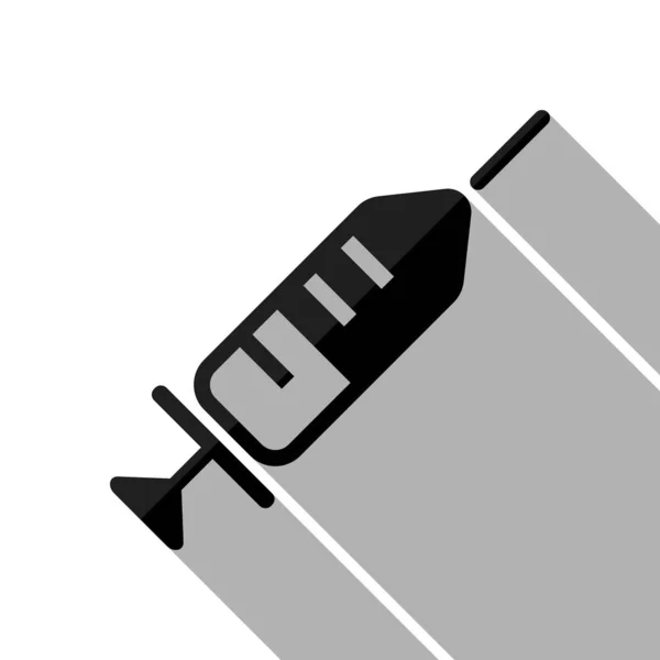 Eenvoudige Injector Pictogram Zwarte Object Met Lange Schaduw Witte Achtergrond — Stockvector