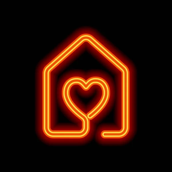 Haus Mit Herz Symbol Linienstil Orangefarbener Neonstil Auf Schwarzem Hintergrund — Stockvektor