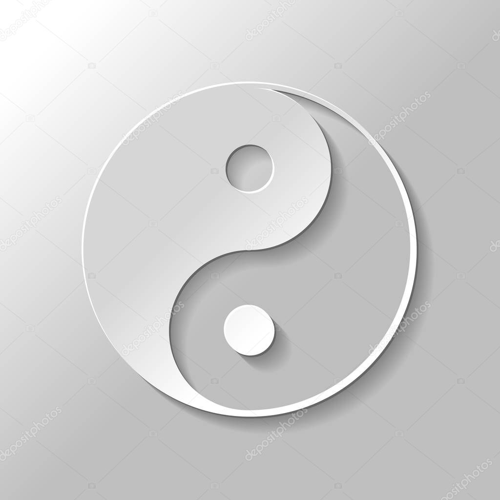 Yin yan symbol. Paper style with shadow on gray background
