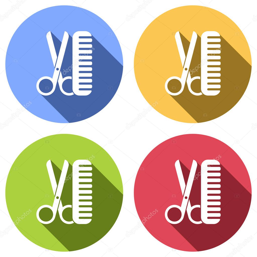 Scissors and hairbrush. Tools of barber. Set of white icons with long shadow on blue, orange, green and red colored circles. Sticker style