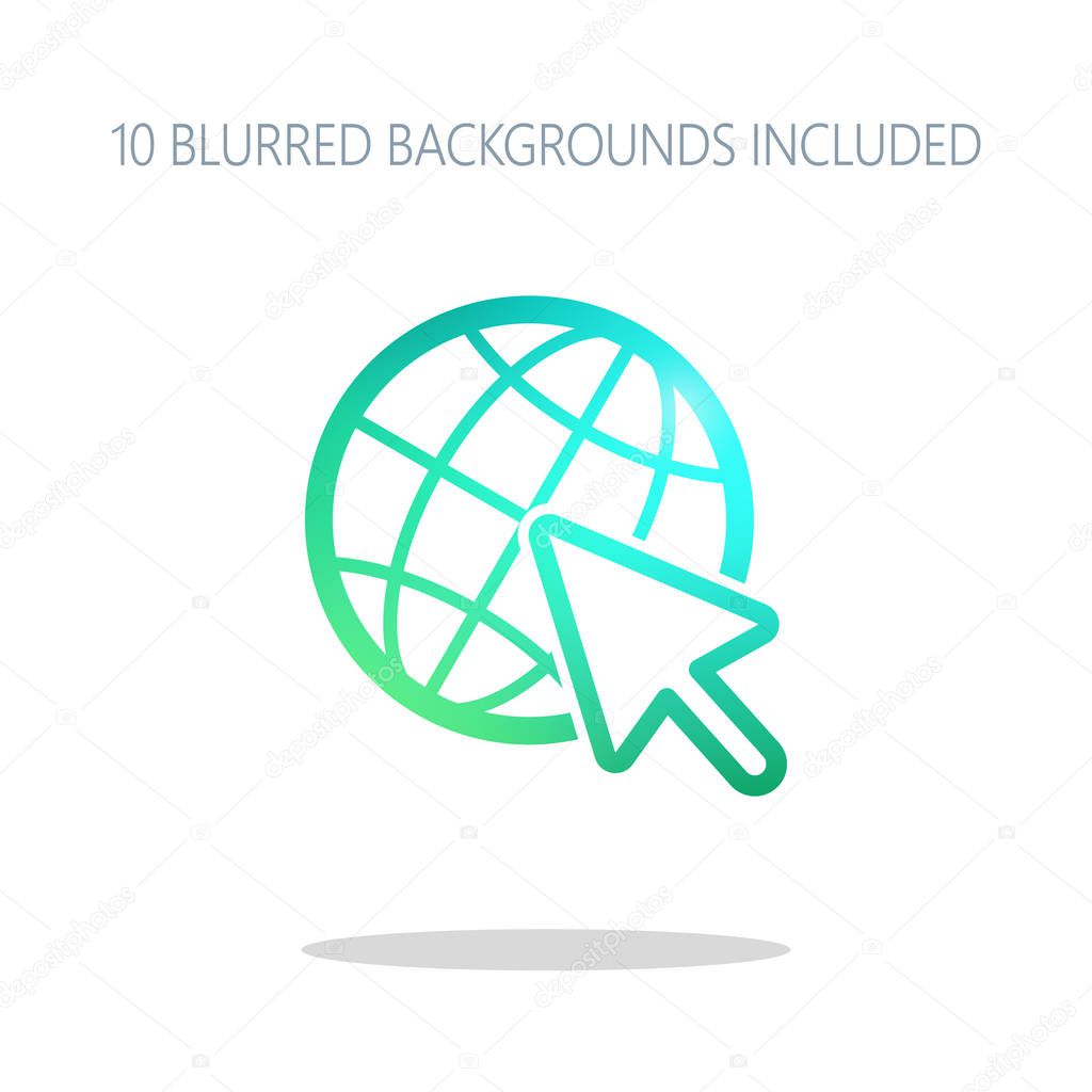 Globe and arrow icon. Colorful logo concept with simple shadow on white. 10 different blurred backgrounds included
