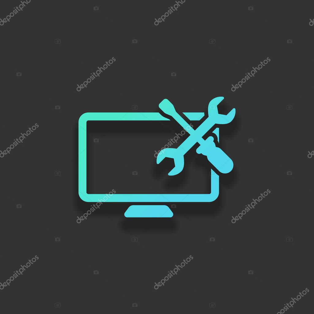 Computer repair service. Colorful logo concept with soft shadow on dark background. Icon color of azure ocean