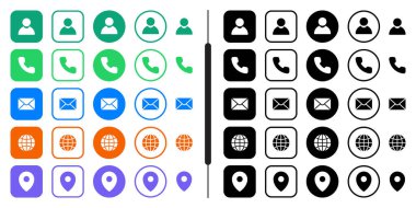 Son temas simgesi vektör seti. Telefon, e-posta, web sitesi, konum kodu, isim. Kare, yuvarlak, taslak biçimlerde