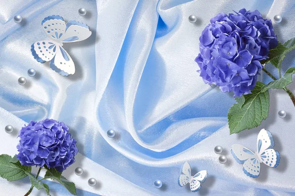 3d wallpaper with blue hydrangeas on the background of delicate drape silk with white butterflies and pearls - Image
