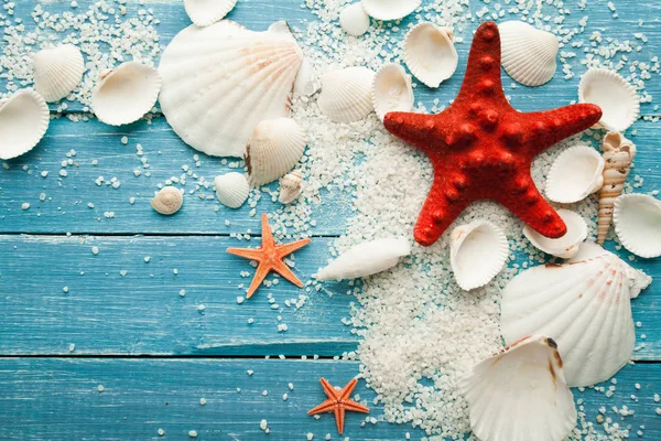 Summer background red starfish and seashells on blue wooden background — Stock Photo, Image