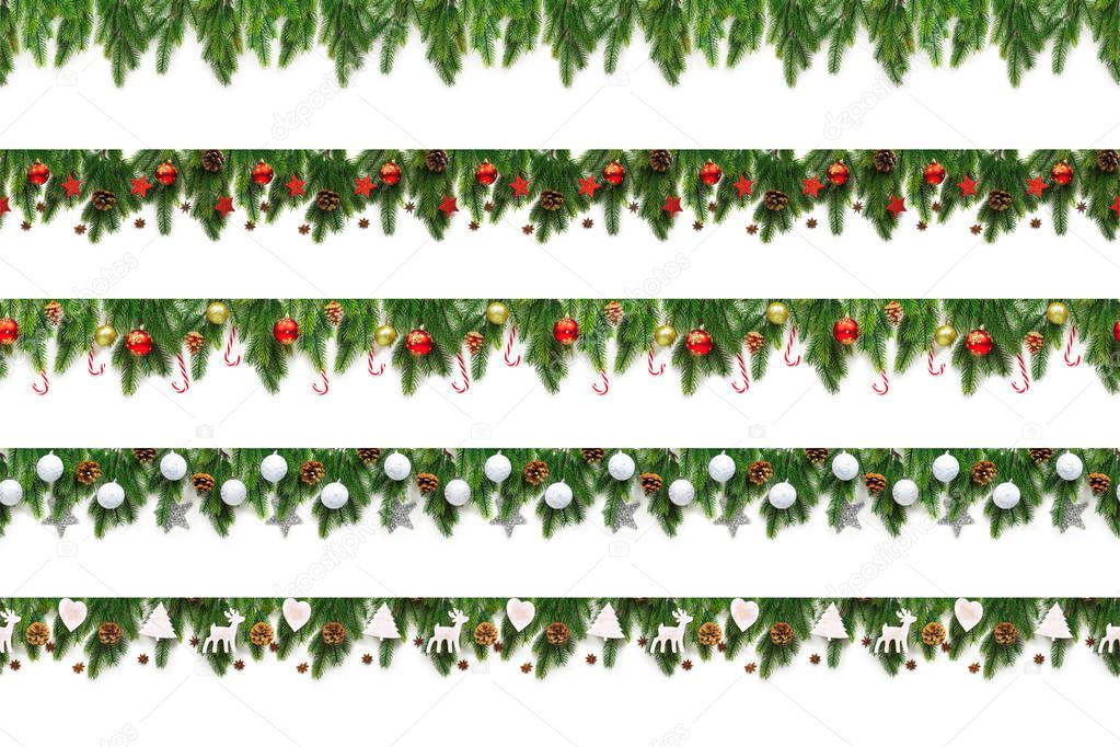 Set of Christmas tree branches on white background as a border