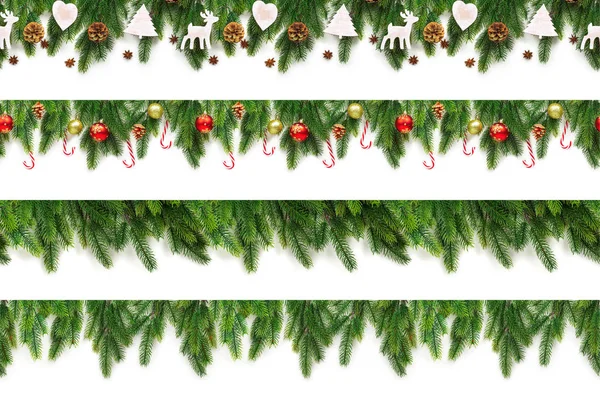 Conjunto de ramas de árbol de Navidad sobre fondo blanco como borde — Foto de Stock