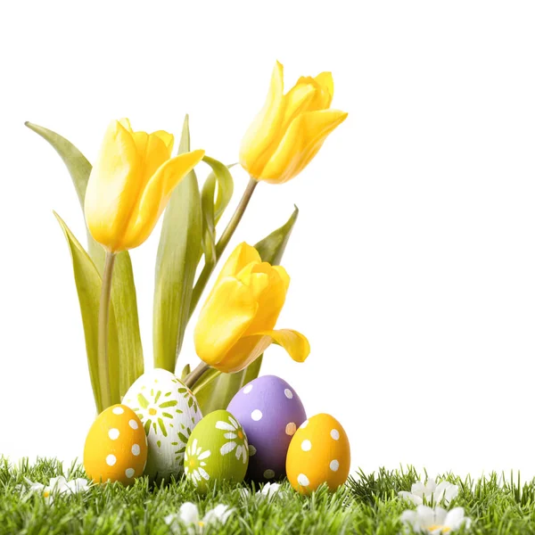 Huevos de Pascua con tulipanes amarillos en hierba —  Fotos de Stock