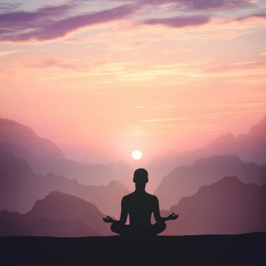 Gün batımı arka planda yüksek dağda meditasyon adam