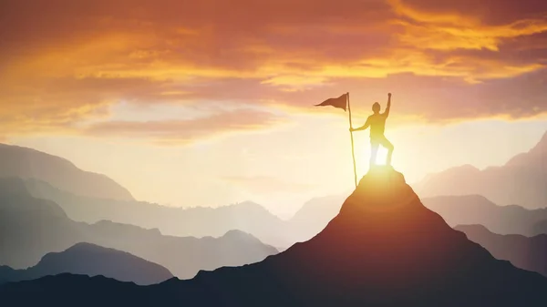 Silueta de hombre de negocios con bandera en la cima de la montaña sobre el cielo y el fondo de luz del sol — Foto de Stock