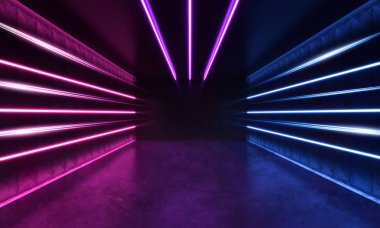 Futuristik Sci-Fi modern oda Stripes şekilli mavi ve mor parlayan Neon hatları.