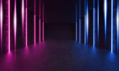 Futuristik Sci-Fi modern oda Stripes şekilli mavi ve mor parlayan Neon hatları.