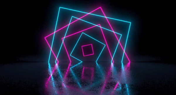 Sci-Fi Futuristic Chaotic Abstract Gradient Blue Pink Neon Glowing Rectangle Square On Reflection. 3D Rendering illustration