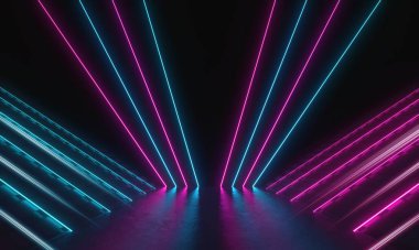 Sci Fi Fütüristik Neon Led Lazer Parlayan Modern Boş Oda. 3d Rendering İllüstrasyon