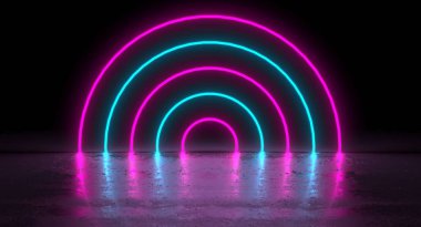 Sci-Fi Fütüristik Mavi Pembe Neon Parlayan Daire Yuvarlak Şekil Tüpler Yansıma on. 3d Rendering İllüstrasyon