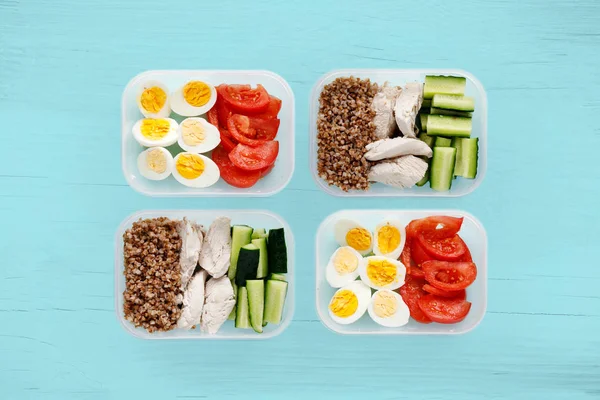 Healthy fitness food for the whole day. Multiple portions in containers — Stock Photo, Image