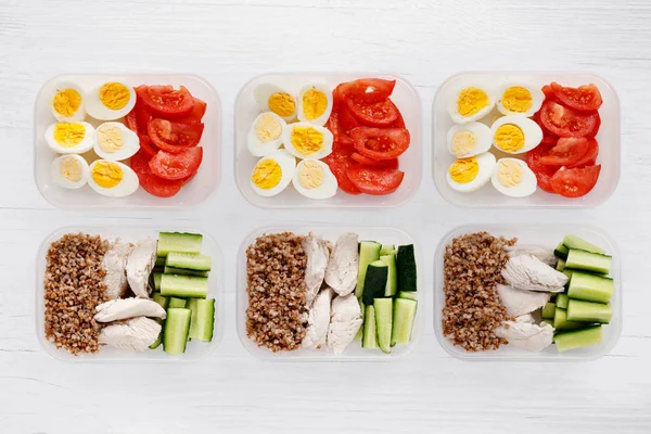 Healthy fitness food for the whole day. Multiple portions in containers — Stock Photo, Image