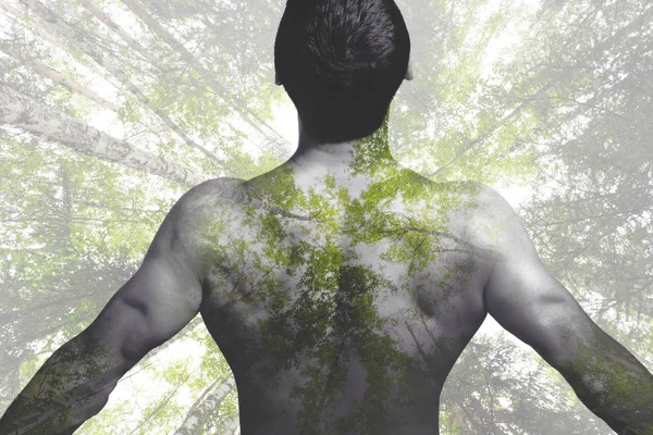 Creative double exposure man nature and green forest — Stock Photo, Image