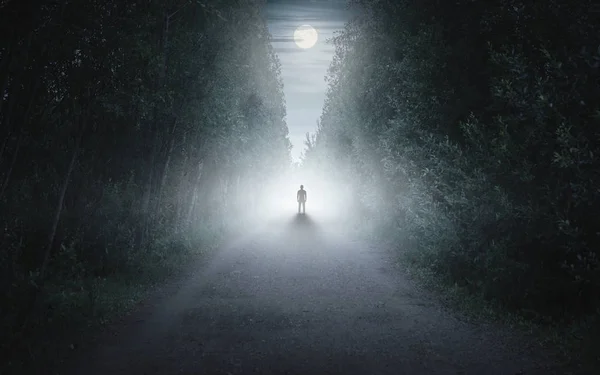 Silueta de un hombre en un bosque oscuro y nebuloso — Foto de Stock