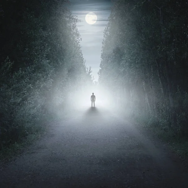 Silhouette eines Mannes in einem dunklen und nebligen Wald — Stockfoto