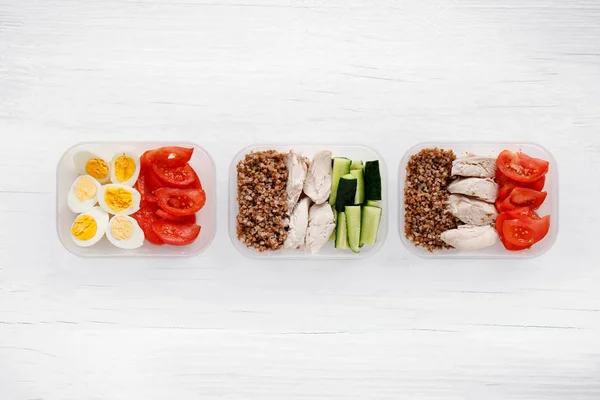 Healthy food distributed in containers. Top view. — Stock Photo, Image
