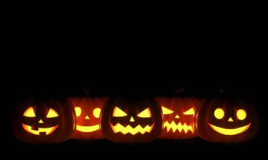 Karanlık arka planda Halloween Jack o Fenerler Grubu. 3d Rendering illüstrasyon