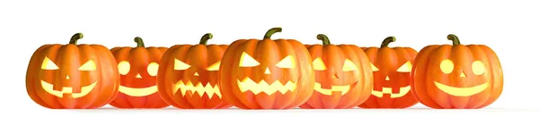 Bordo di autunno di zucche in fila con sfondo bianco. Illustrazione 3D Rendering — Foto Stock