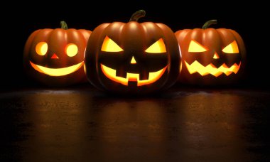 Karanlık arka planda üç cadılar bayramı balkabağı. 3d Rendering illüstrasyon