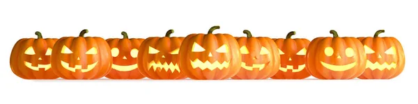 Nove zucche di Halloween di fila isolate su sfondo bianco. Illustrazione 3D Rendering — Foto Stock
