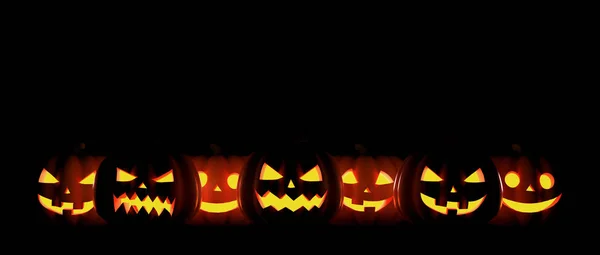 Seven Halloween Pumpkin glowing faces in a row isolated on black background. 3D Rendering illustration — Stock Photo, Image