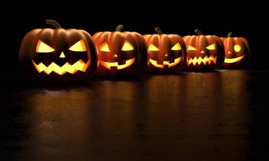 Karanlık arka planda üst üste birçok Halloween Pumpkins. 3d Rendering illüstrasyon