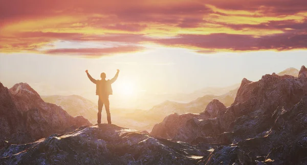 Hiker with arms up outstretched on mountain top looking at inspirational landscape. Inspiration and travel concept. 3d rendering — Stock Photo, Image