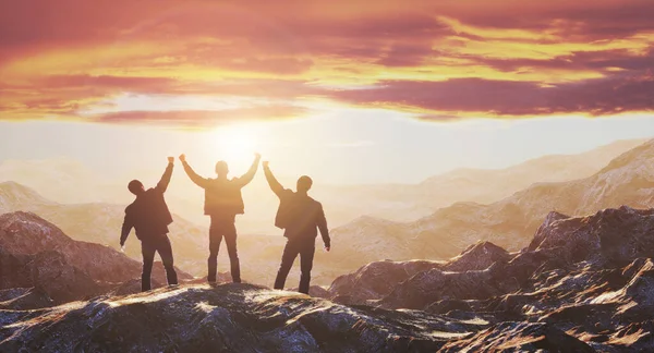 Drie mannen ontmoeten de dageraad op de top van de berg. 3d destructie — Stockfoto