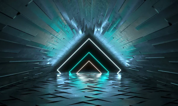 Futuristic background with neon shapes of a triangle and reflection. 3d rendering — Stock Photo, Image