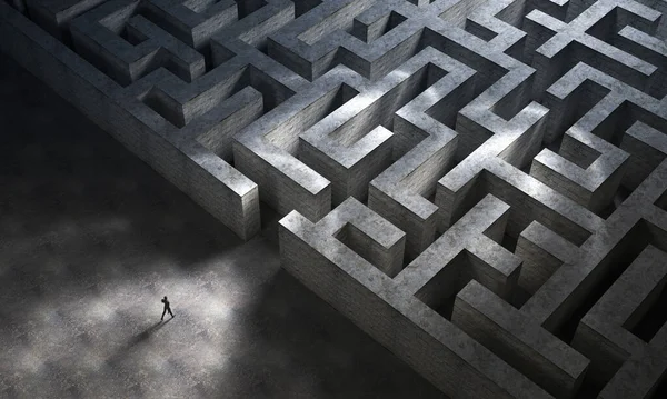 Man entering a huge mysterious maze. 3D Rendering — Stock Photo, Image