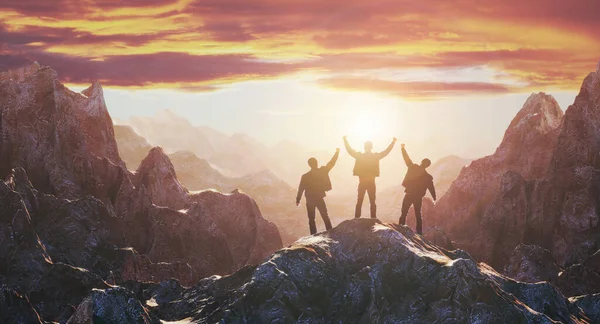 Silhouette of the team on the peak of mountain. 3d rendering — Stock Photo, Image