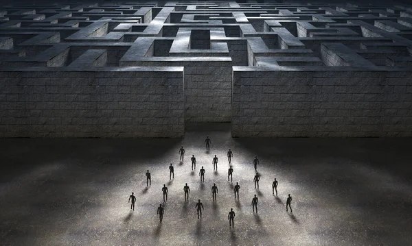 A group of people heading towards the entrance to a large maze. 3D Rendering — Stock Photo, Image
